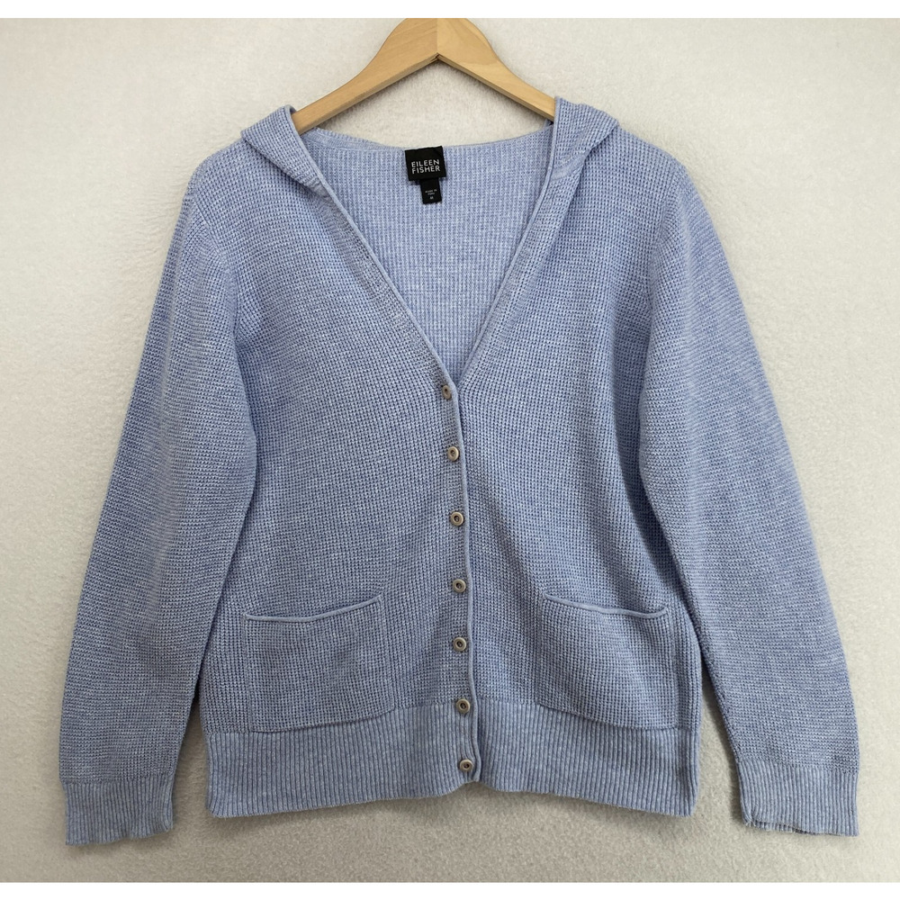 EILEEN FISHER Sweater M Organic Cotton Waffle Hoodie Cardigan Button Up Blue
